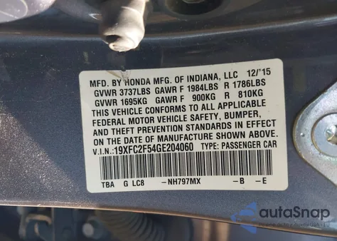 2016 Honda Civic Lx from USA, damaged, VIN 19XFC2F54GE204060